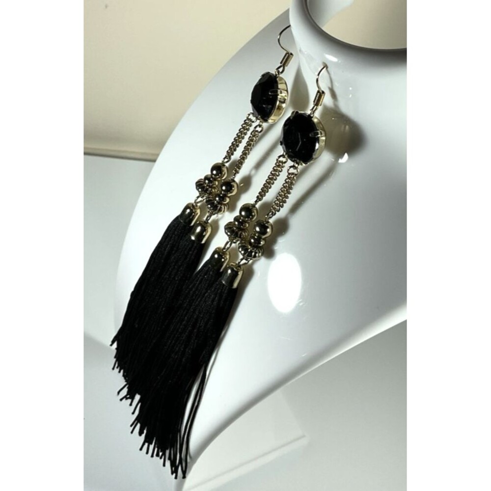 Black Tassel Earrings & Necklace Set Black Faceted Beads Gold Tone Flapper Boho - Picture 3 of 10